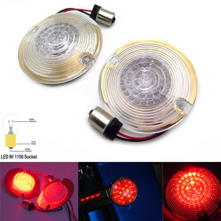 HTTMT- 2PCS 3" Solid Red 1156 LED Flat Turn Signal Inserts w/ Clear Lens Cover Compatible with Harley