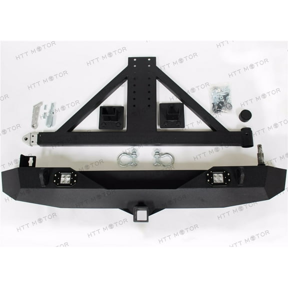 HTTMT- For 07-16 Jeep Wrangler JK Rock Crawler Rear Bumper W/2 LED Lights &Tire Carrier