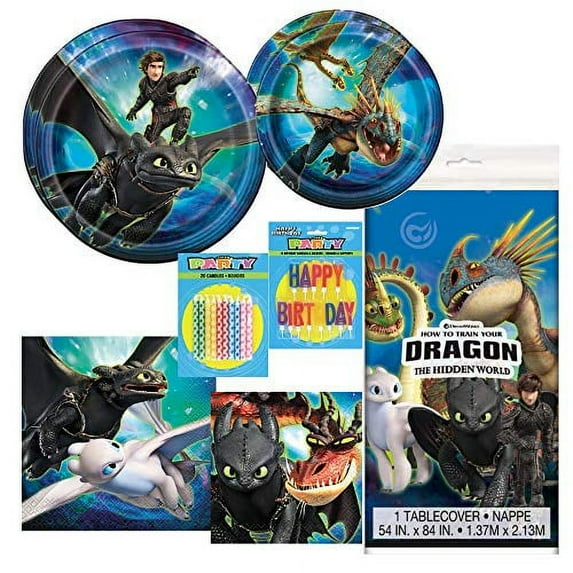 HTTYD Boys Birthday Party Tableware Supplies Includes Dinner Plates, Dessert Plates, Lunch Napkins, Beverage Napkins, 1 Table Cover, Happy Birthday Candles, AND 20 More Candles!