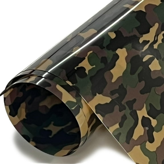 HTV4U Stretchable WeedFoil Heat Transfer Vinyl Green Army Camo, 20" x 12" - Metalic Look Shine Smooth Soft Finish Heat Press Iron on Paper Film for T-Shirts