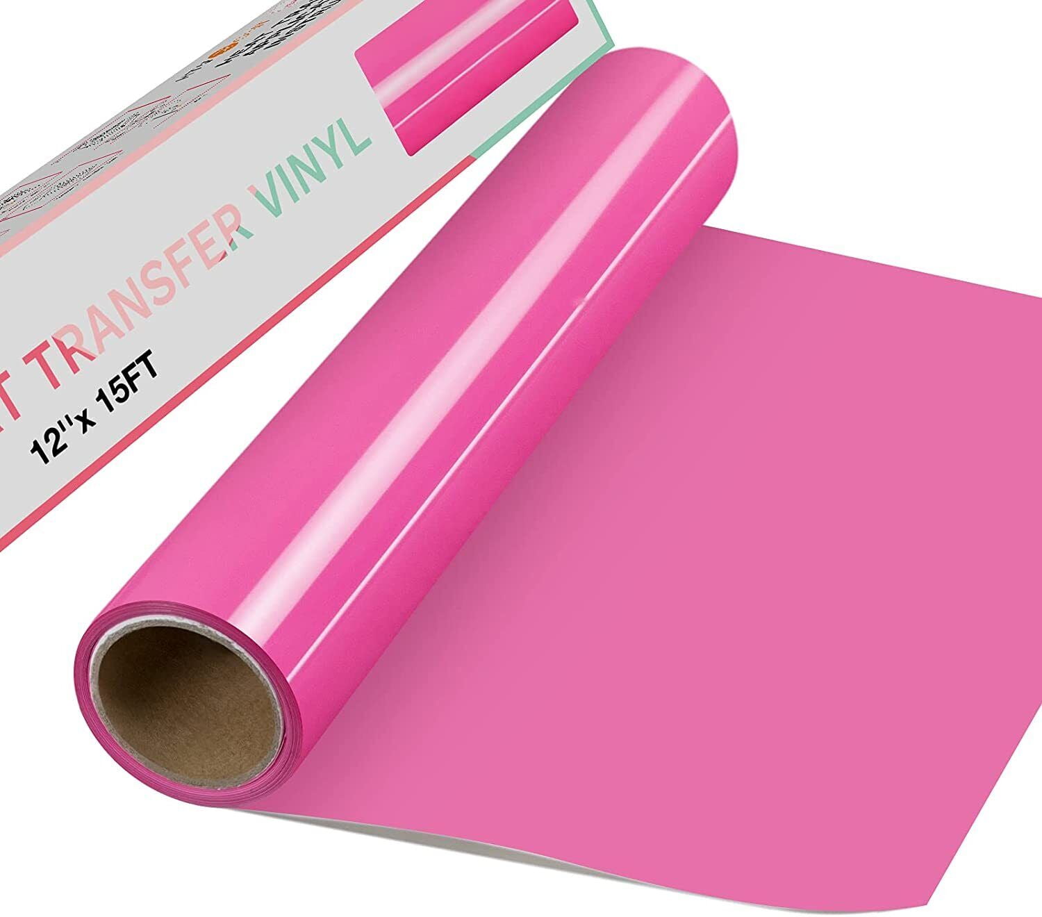 XSEINO Heat Transfer Vinyl, 12 x 50ft Pink HTV Vinyl Roll with Teflon for Shirts, Pink Iron on Vinyl Roll for Cricut & Cameo, Easy to Cut & Weed