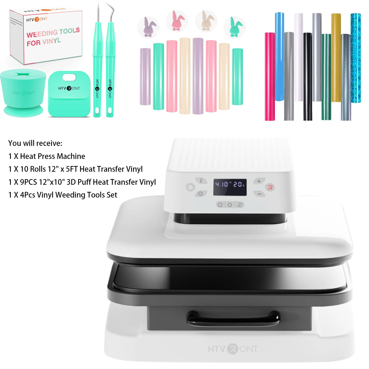 HTVRONT 1500W 15"x15" Automatic Heat Press Machine Bundle, Sublimation Printer Transfer HTV Vinyl