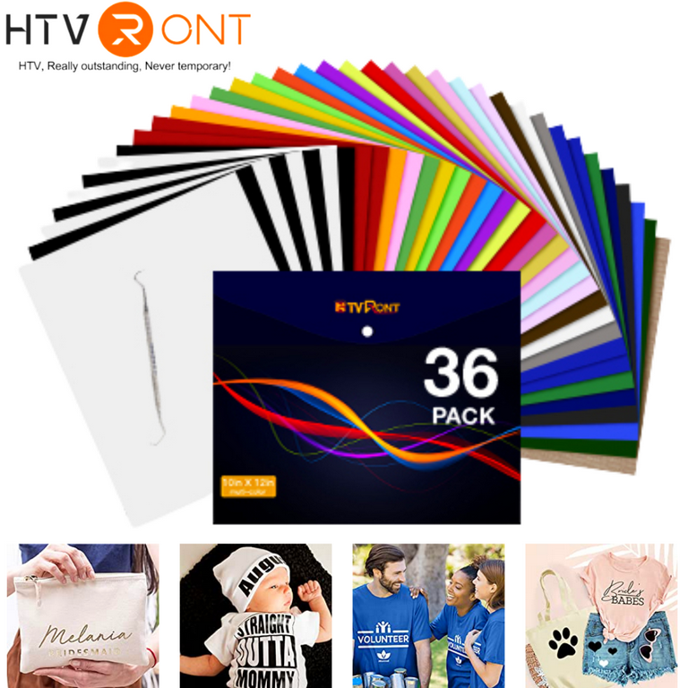 HTVRONT 36 Sheets 12 x 10 HTV Heat Transfer Vinyl Bundles Iron on for  T-Shirts, Clothing and Textiles, Easy Transfers, 27 Assorted Colors 