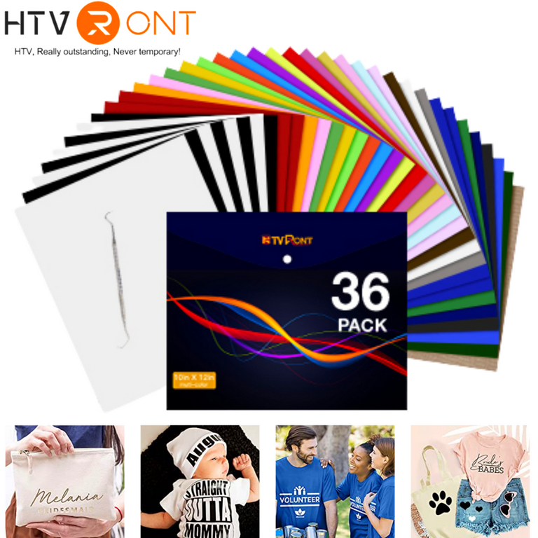 HTVRONT 36 Sheets 12 x 10 HTV Heat Transfer Vinyl Bundles Iron on for  T-Shirts, Clothing and Textiles, Easy Transfers, 27 Assorted Colors