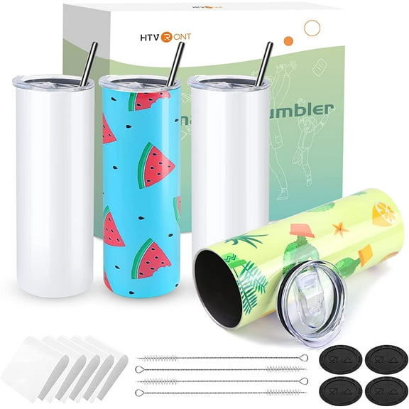 HTVRONT 4 Pack Sublimation Blanks Tumblers 20 OZ Skinny Stainless Steel Mugs with Box, Paper and Straw