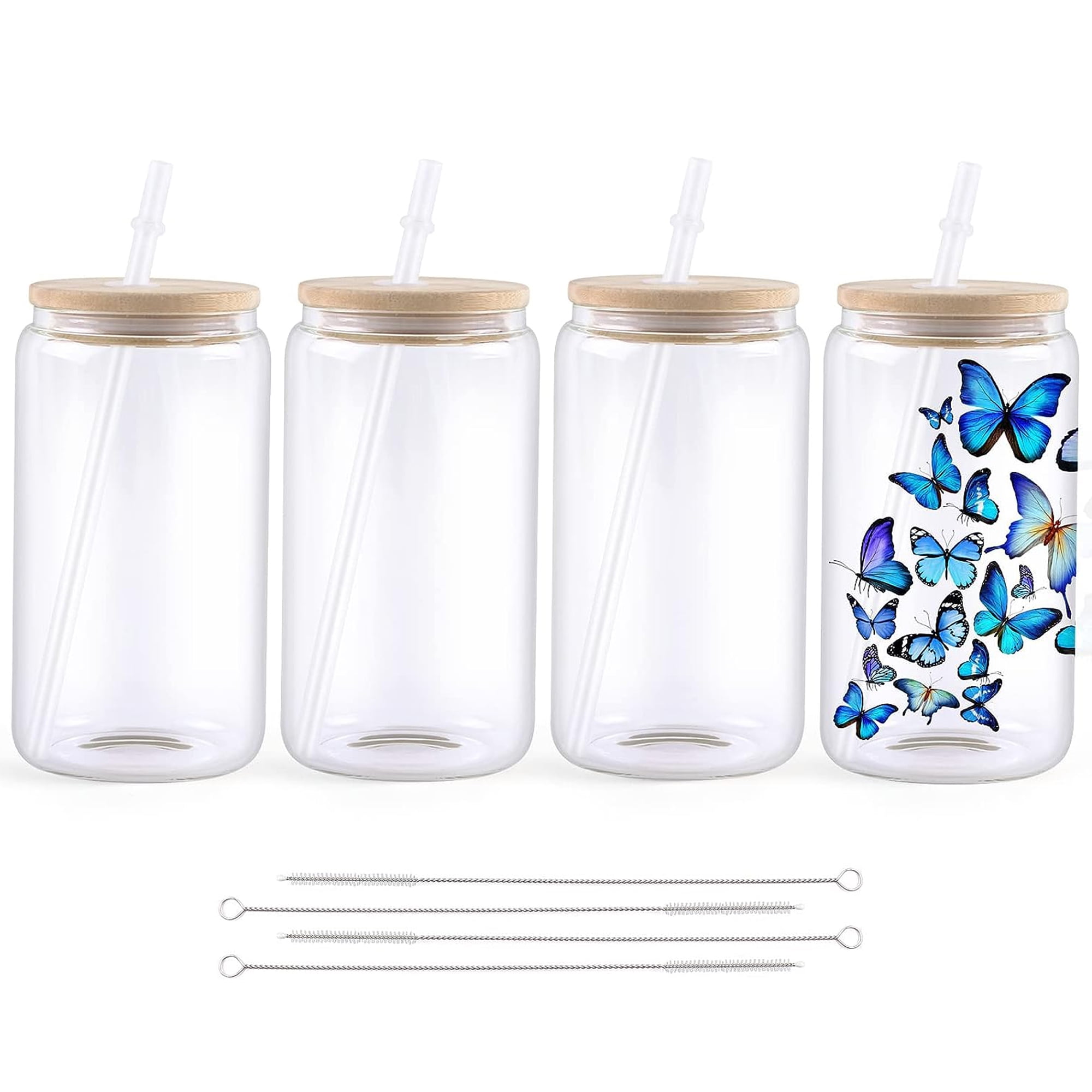 HTVRONT 4Pack 16oz Clear Sublimation Glass Blanks Tumblers Mugs w/ Bamboo  Lid for Iced Coffee Beer Drinks 