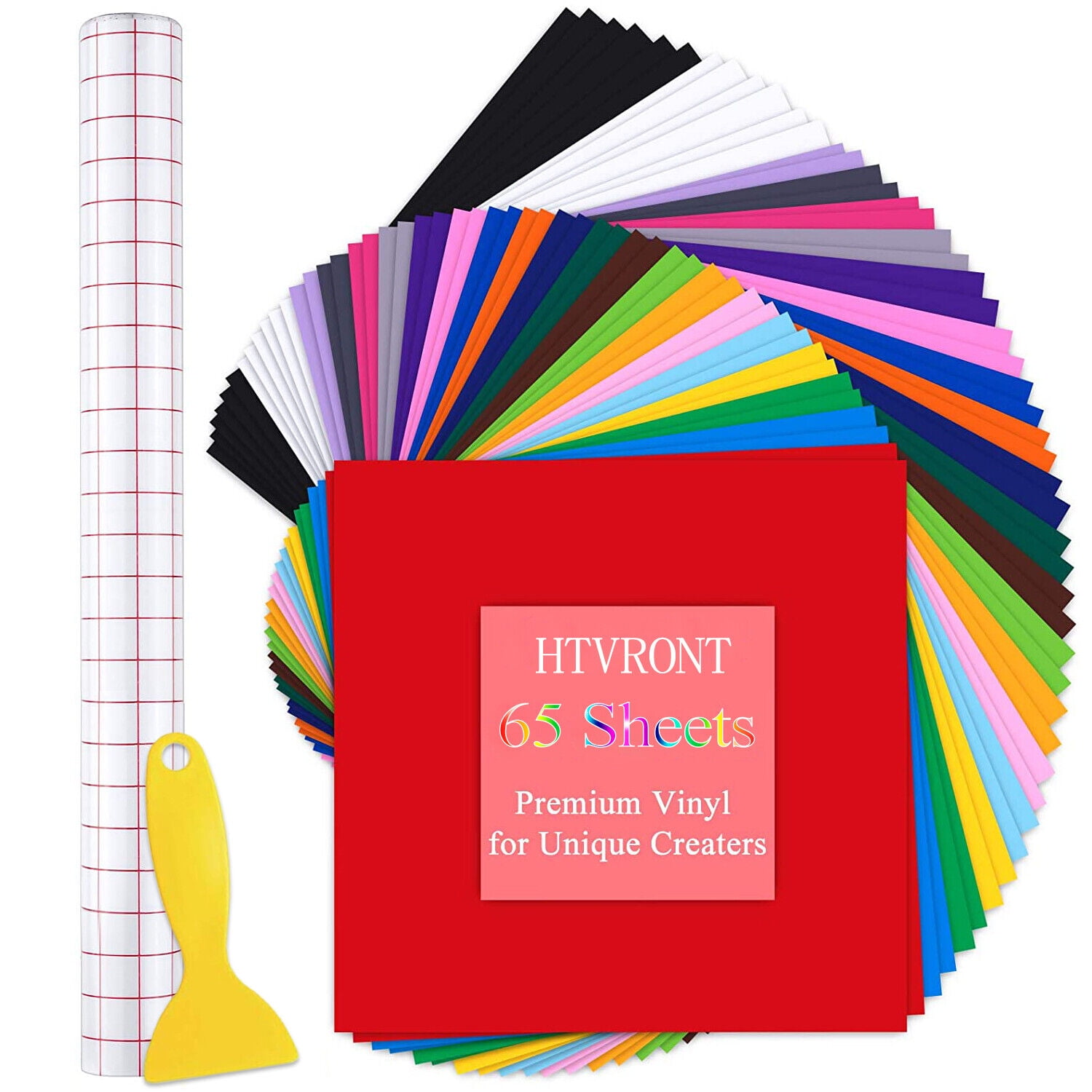 HTVRONT 65 PCS Permanent Adhesive Vinyl Sheets Include 55 Sheets 12 x 12  Vinyl Bundles & 10 Transfer Tape Sheets for Cricut 