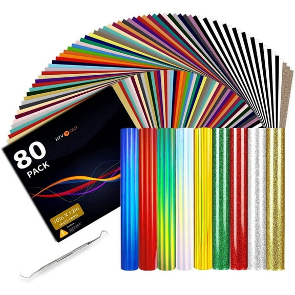 HTVRONT 80 Sheets 12" x 10" HTV Heat Transfer Vinyl Bundles Iron on for T-Shirts, Clothing and Textiles, Easy Transfers, use with heat press machine