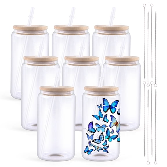 HTVRONT 8Pack Sublimation Glass Blanks with Bamboo Lid 16oz Clear Sublimation Beer Can(transparent)