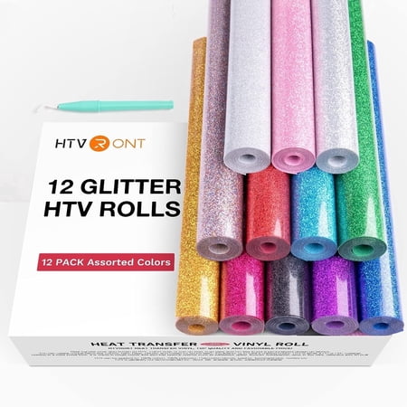 HTVRONT 9 Rolls 10"x5FT Glitter Heat Transfer Vinyl + 3 Rolls 12"x5FT Plain HTV Vinyl Iron on T-shirt