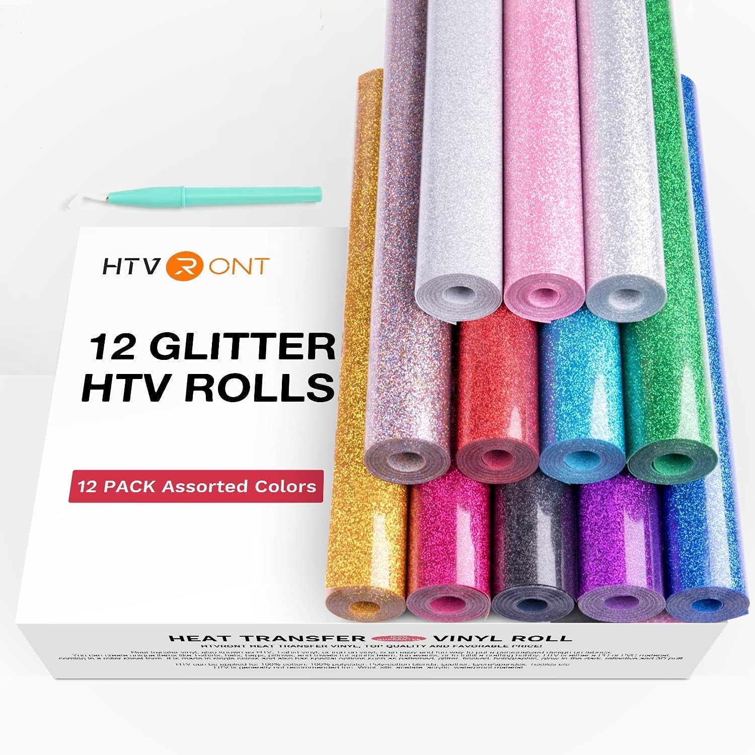 HTVRONT 9 Rolls 10"x5FT Glitter Heat Transfer Vinyl + 3 Rolls 12"x5FT Plain HTV Vinyl Iron on T-shirt