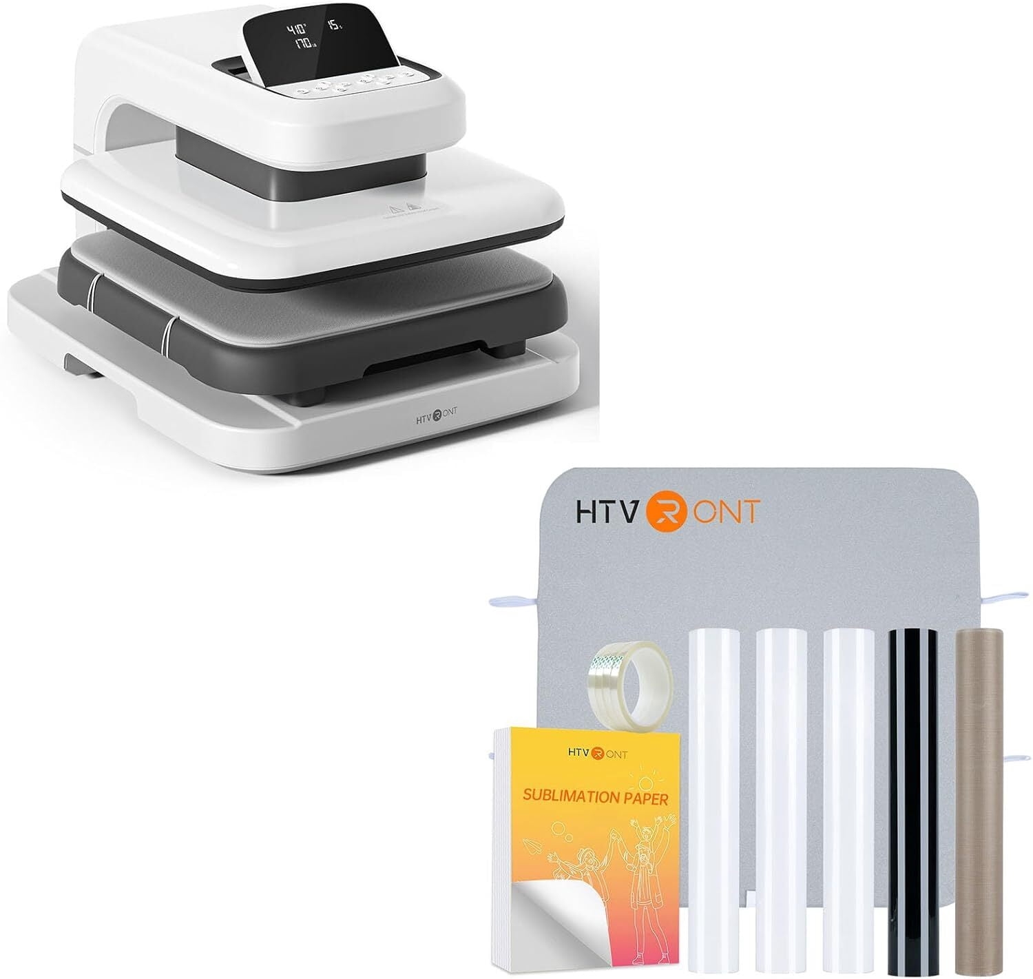 HTVRONT Automatic Heat Press 2 & Heat Press Accessories for Heat Press -210 PCS Includes HTV, Sublimation Paper, Sublimation HTV, Heat Resistant Tape, Heat Press Mat