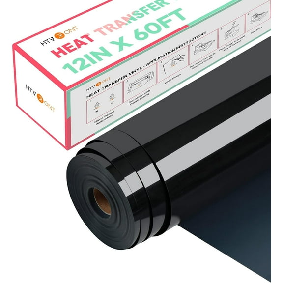 HTVRONT Black Heat Transfer Vinyl HTV Roll 12" x 60FT - Black Iron on Vinyl Roll for HTVRONT & Silhouette - Easy to Cut & Weed Black HTV Vinyl Roll
