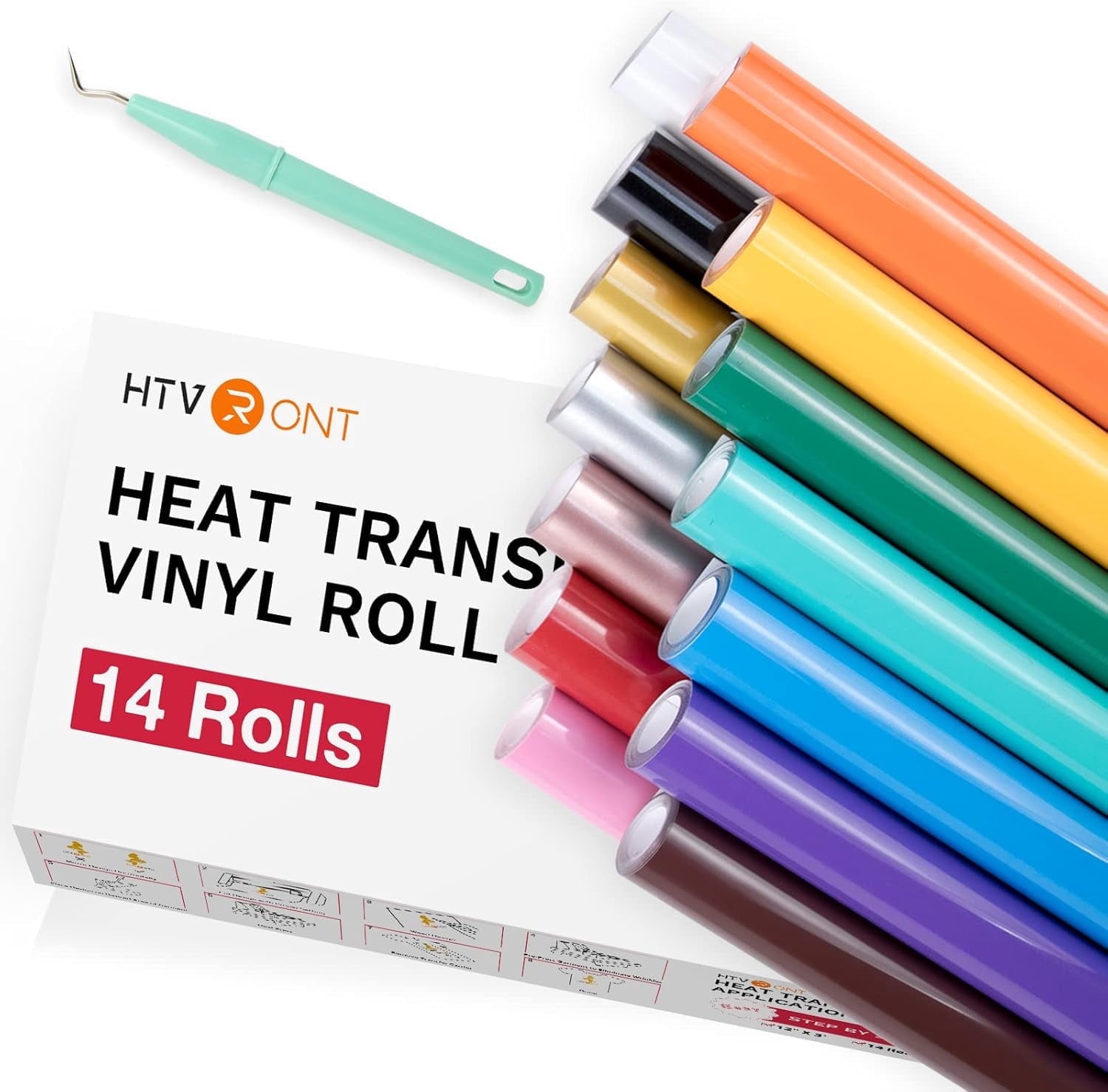 HTVRONT HTV Heat Transfer Vinyl Bundle - 14 Pack 12" x 3FT HTV Vinyl Roll, Iron on Vinyl for Cutter Easy Cut and Weeding(14 Assorted Colors)