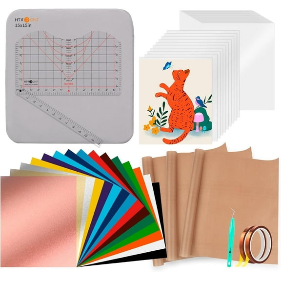 HTVRONT Heat Press Accessories, 55 Pack Heat Press Supplies for 15X15 Heat Press Machine, T Shirt Heat Press Starter Kit for Heat Press, Include Vinyl&Sublimation Bundle, Tools&Heat Press Mat