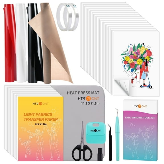 HTVRONT Heat Press Accessories for 10" X 10" Heat Press Machine, Include 3 HTV Vinyl & 150 Sublimation Paper, 20 Heat Transfer Paper, 11.5“*11.5” Heat Press Mat, Heat Resistant Tape, Weeding Tools