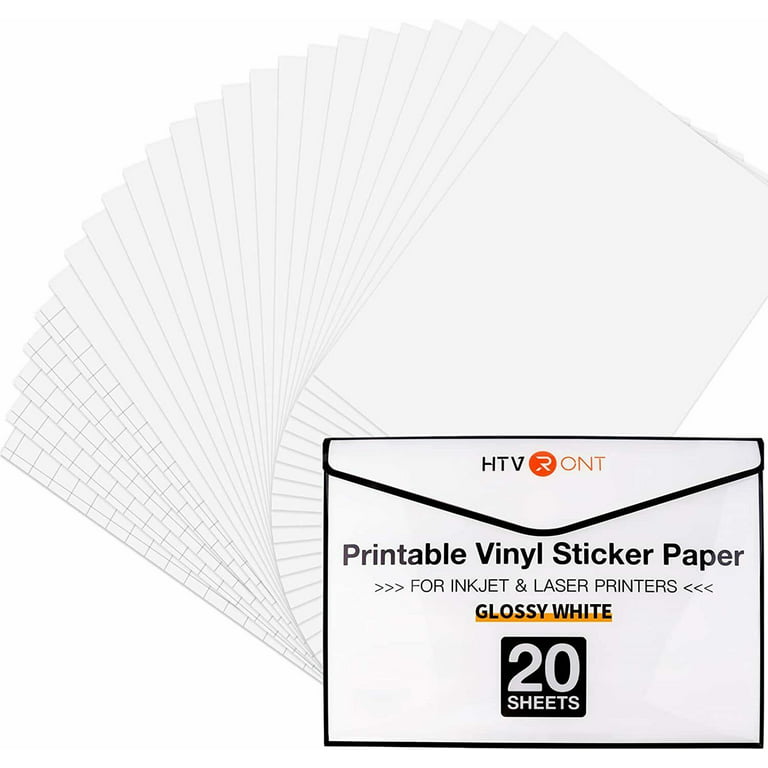 HTVRONT Printable Vinyl for Inkjet Printer & Laser Printer - 20 Pcs Glossy  White Inkjet Printable Vinyl Sticker Paper & 5 Pcs Laminate Paper, 8.5x11