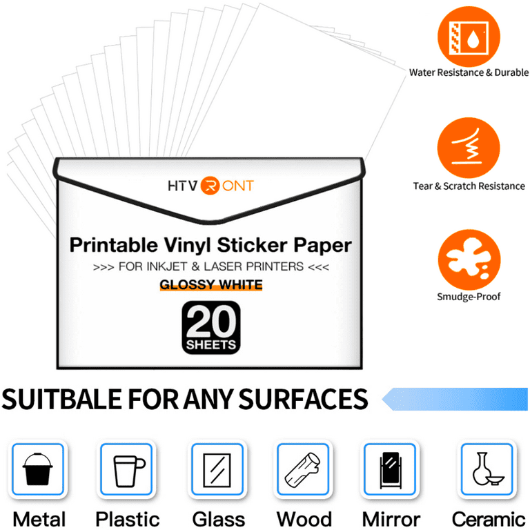 HTVRONT 25 Sheets 8.5x11 Glossy White Printable Vinyl Sticker Paper 20 Sheets  Labels 5 Sheets Laminate for Inkjet Printer