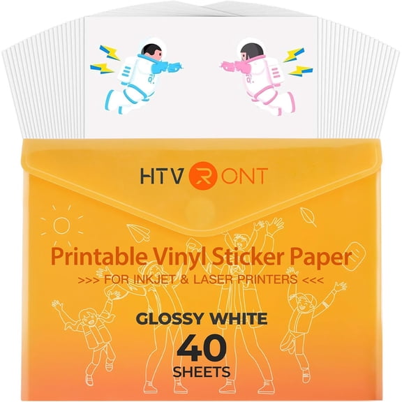 HTVRONT Printable Vinyl for Inkjet Printer & Laser Printer - 40 Pcs Glossy White Inkjet Printable Vinyl Sticker Paper, 8.5"x11"