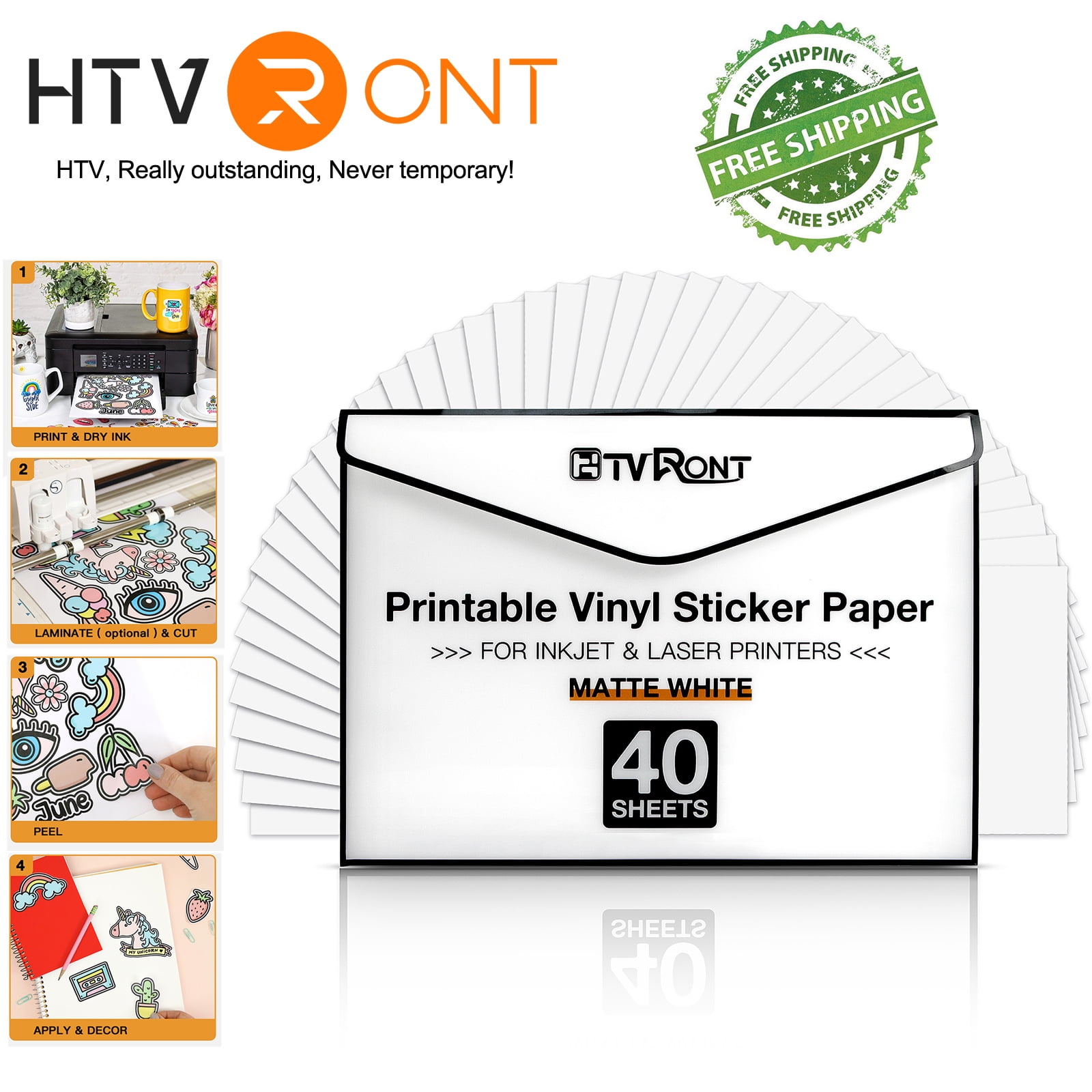 HTVRONT Printable Vinyl for Inkjet Printer & Laser Printer - 40 Pcs Glossy  White Inkjet Printable Vinyl Sticker Paper, 8.5x11 