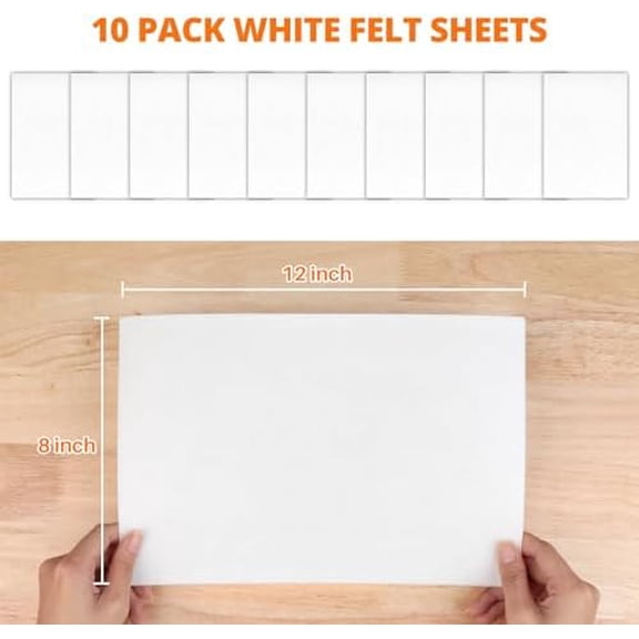 HTVRONT White Felt Sheets for Crafts - 10pcs Stiff Felts, 8x12 Felt Sheet, 1mm White Fabric Sheets, Thin Felt Pack Patchwork Craft Supplies, Felt Squares A4 Size