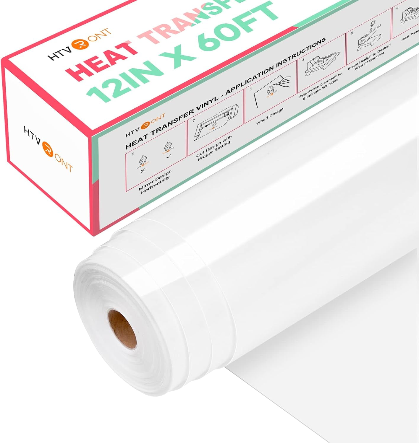 HTVRONT White Heat Transfer Vinyl HTV Roll 12" x 60FT - Iron on Vinyl for Cutting Machine , Easy to Cut & Weed