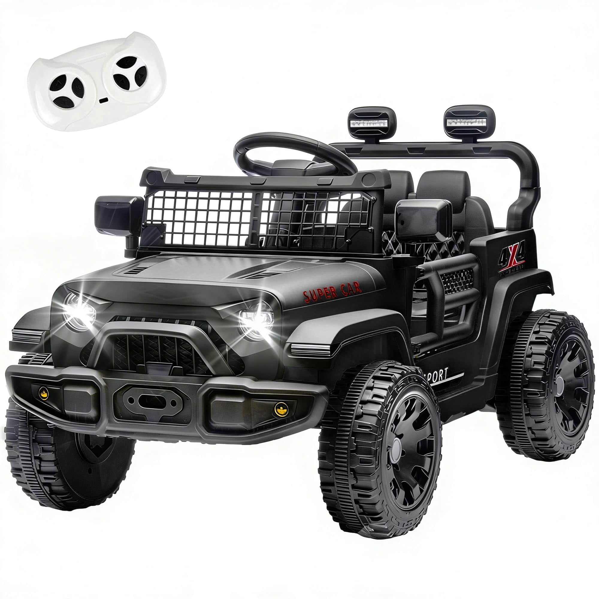 HTW24V Kids Ride On Truck with Parental Remote Control – Electric Off-Road Car for Boys & Girls, 4-Wheel Suspension, Bluetooth Music, LED Lights, Power Display, Ages 3+ (Black)​