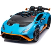HTW24V Licensed Lamborghini Huracan STO Ride On Car, Blue Electric Sports Toy with Remote Control, LED Lights & Safety Belt for Kids