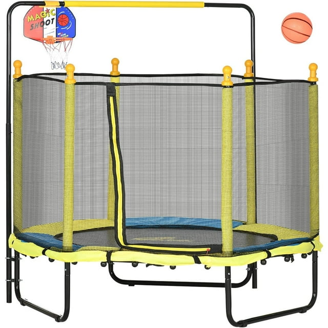 HTYSUPPLY 4.6' Kids Trampoline with Basketball Hoop, Horizontal Bar, 55