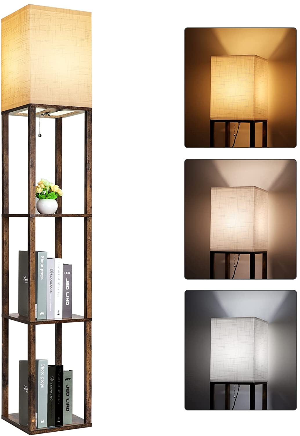 HUA Floor Lamp with Shelves, Modern Shelf Lamp for Display Storage(Brown)