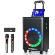 HUABAO Large Bluetooth Karaoke Speaker with 2 Wireless Mics, 8800mAh Battery Portable PA System, Trolley Speaker with Lights, Remote, FM/AUX/USB/TF, Bass & Treble Adjust for Outdoor & Home Party