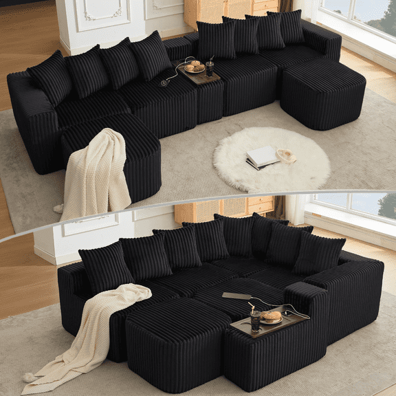HUACANORA Oversized Fluffy Corduroy Deep Seat U-shape Sectional Sofa with Ottoman, Hidden Storage Console and Cup Holders, Black