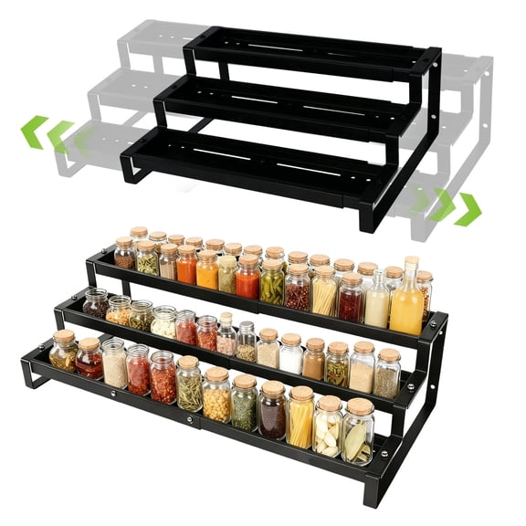 3-Tier Spice Rack Organizer for Cabinet, Expandable Kitchen Organizer 14.4 to 26.1 Inch Seasoning & Pantry Organizer for Countertop, Metal Non-Skid Step Storage Shelf (BLACK)