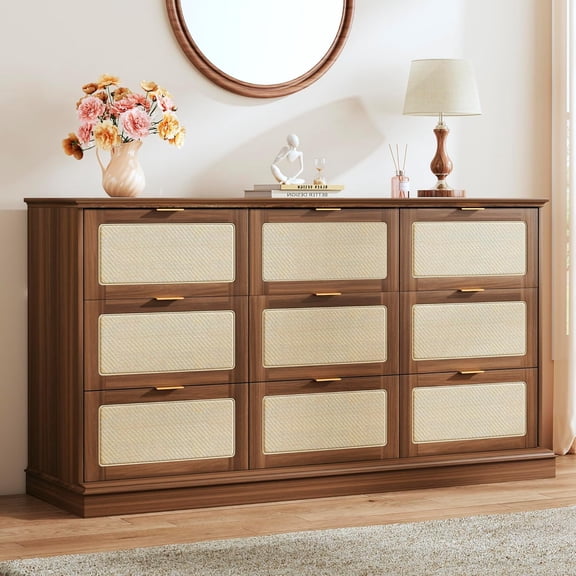 HUAHUU 9 Drawer Dresser for Bedroom, 60 Inch Long Dressers & Rattan Chest of Drawers, Boho Style, Large TV Stand for 55, 65, 70 Inch TV, for Bedroom, Living Room, Entryway, Hallway, Walnut