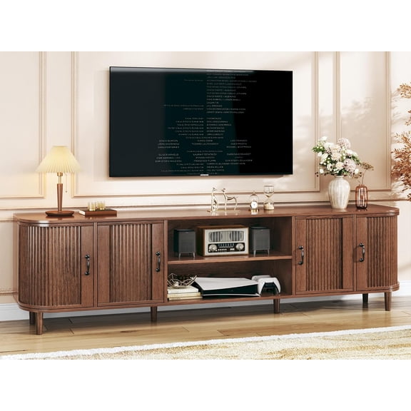 HUAHUU TV Stand for 75 inch TV, Mid Century Modern Entertainment Center for 55/60/65/75 inch TV, with Fluted Door Cabinets & Open Shelves, TV Consoles, Walnut