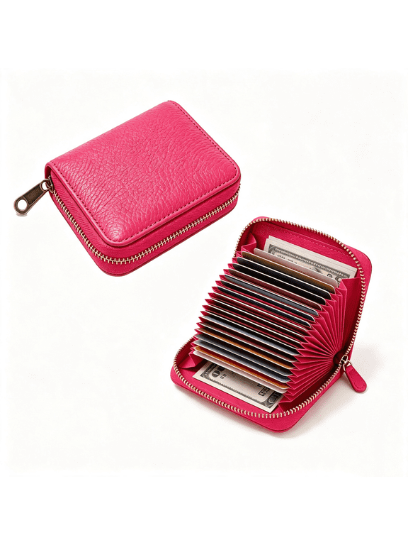 Credit Card Holder, Anti-theft Accordion RFID Small Wallet for Women or Men with Zipper, 20 Card Slots, Rose Red, 2 Pack