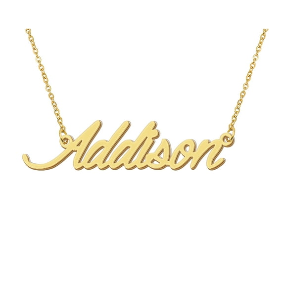 HUAN XUN 18k Gold Plated Addison Name Necklace Stainless Steel Nameplate Necklaces for Womens Mens Mother Day Christmas Jewelry Gift