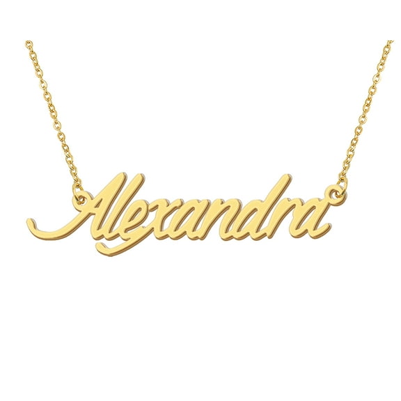 HUAN XUN 18k Gold Plated Alexandra Name Necklace Stainless Steel Nameplate Necklaces for Womens Mens Mother Day Christmas Jewelry Gift