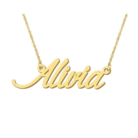 HUAN XUN 18k Gold Plated Alivia Name Necklace Stainless Steel Nameplate Necklaces for Womens Mens Mother Day Christmas Jewelry Gift