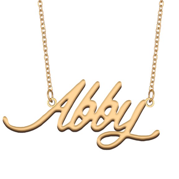 HUAN XUN 18k Gold Plated Abby Name Necklace Stainless Steel Nameplate Necklaces for Womens Mens Mother Day Christmas Jewelry Gift