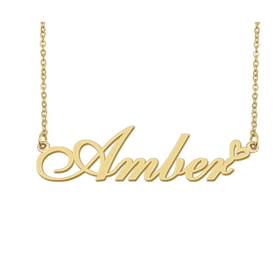 HUAN XUN Amber Name Heart Necklace 18k Gold Plated Nameplate Pendant Necklace Stainless Steel Jewelry for Womens Birthday Gifts