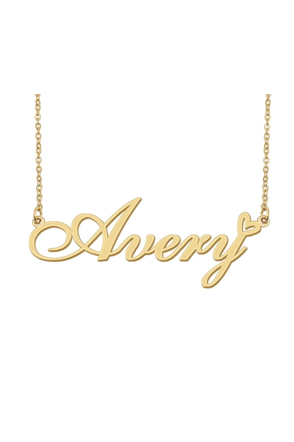 Avery Name Heart Necklace 18k Gold Plated Nameplate Pendant Necklace Stainless Steel Jewelry for Womens Birthday Gifts