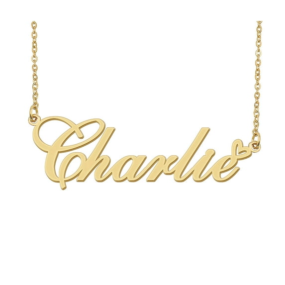 HUAN XUN Charlie Name Heart Necklace 18k Gold Plated Nameplate Pendant Necklace Stainless Steel Jewelry for Womens Birthday Gifts