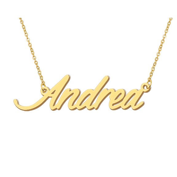 HUAN XUN 18k Gold Plated Andrea Name Necklace Stainless Steel Nameplate Necklaces for Womens Mens Mother Day Christmas Jewelry Gift
