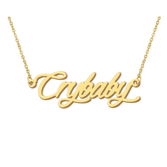 HUAN XUN 18k Gold Plated Crybaby Name Necklace Stainless Steel Nameplate Necklaces for Womens Mens Mother Day Christmas Jewelry Gift