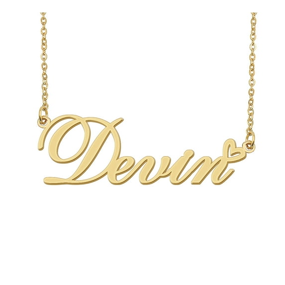 HUAN XUN Devin Name Heart Necklace 18k Gold Plated Nameplate Pendant Necklace Stainless Steel Jewelry for Womens Birthday Gifts
