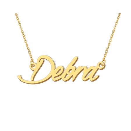 HUAN XUN 18k Gold Plated Debra Name Necklace Stainless Steel Nameplate Necklaces for Womens Mens Mother Day Christmas Jewelry Gift