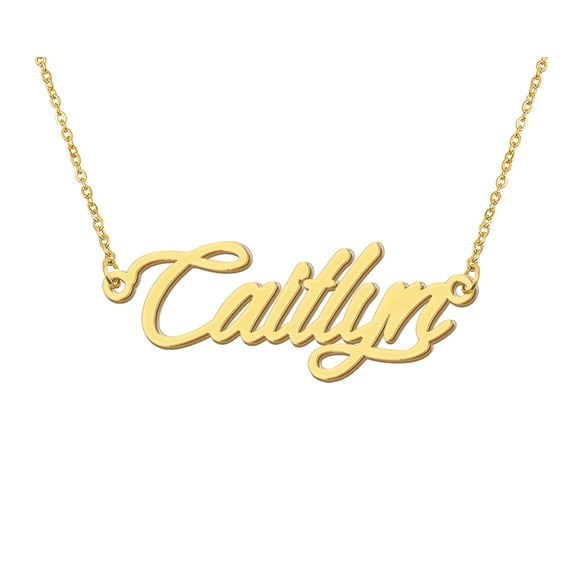 HUAN XUN 18k Gold Plated Caitlyn Name Necklace Stainless Steel Nameplate Necklaces for Womens Mens Mother Day Christmas Jewelry Gift