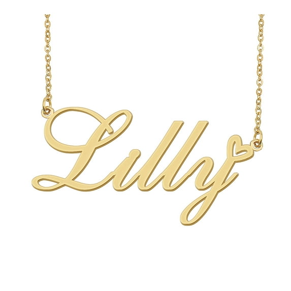 HUAN XUN Lilly Name Heart Necklace 18k Gold Plated Nameplate Pendant Necklace Stainless Steel Jewelry for Womens Birthday Gifts