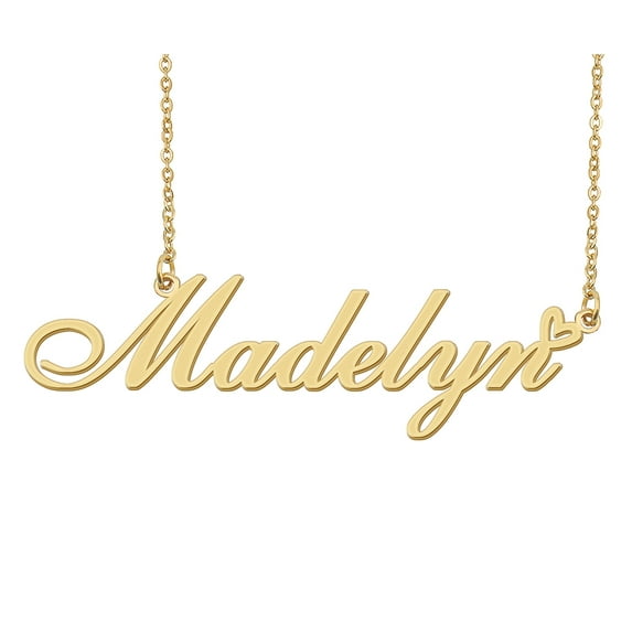 HUAN XUN Madelyn Name Heart Necklace 18k Gold Plated Nameplate Pendant Necklace Stainless Steel Jewelry for Womens Birthday Gifts